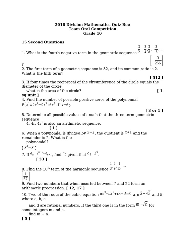 2016 Division Mathematics Quiz Bee Team Oral Competition (Grade 10 ...