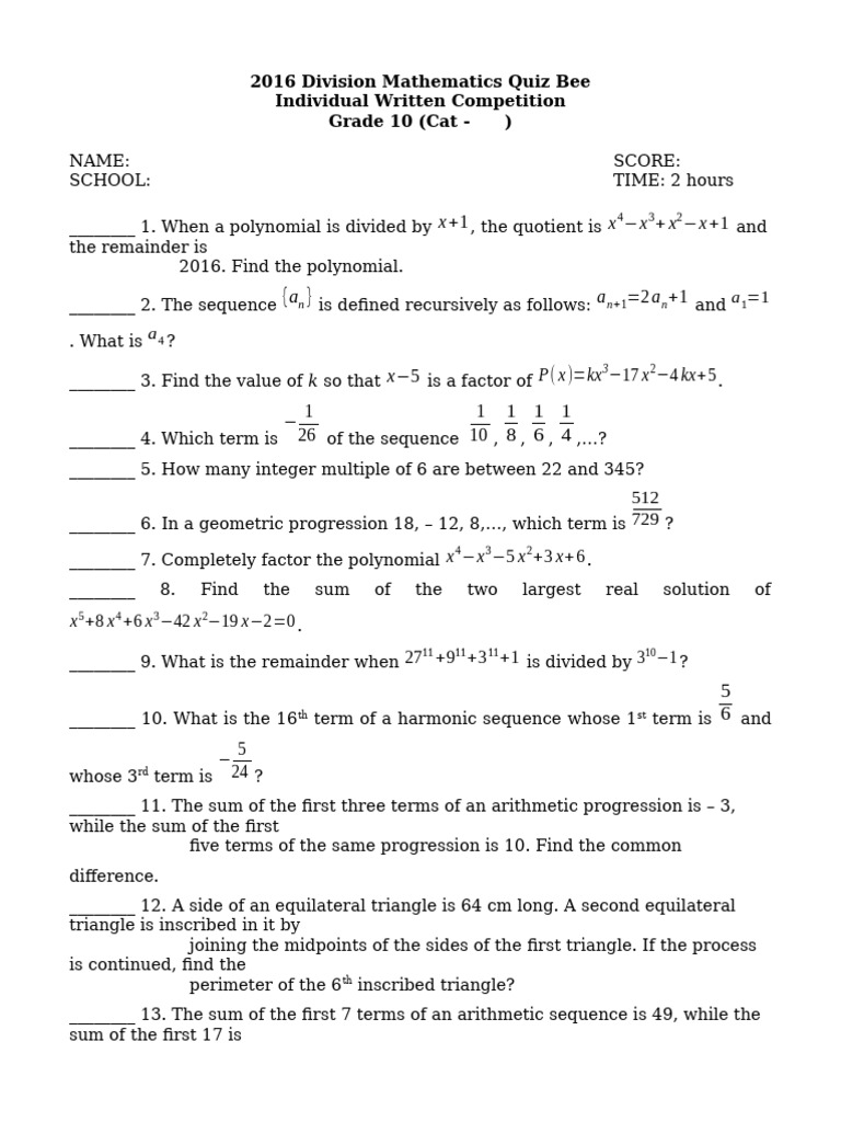 2016 Division Mathematics Quiz Bee Individual Written Competition ...