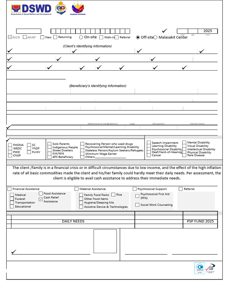 DSWD General Intake Sheet 2025 | PDF | Disability | Psychosocial