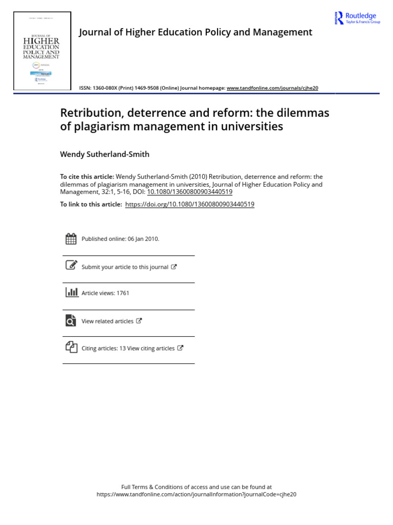 Retribution Deterrence and Reform The Dilemmas of Plagiarism Management ...