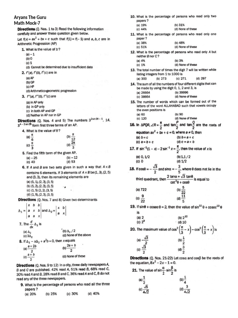 Aryans Math Mock Test 7 | PDF