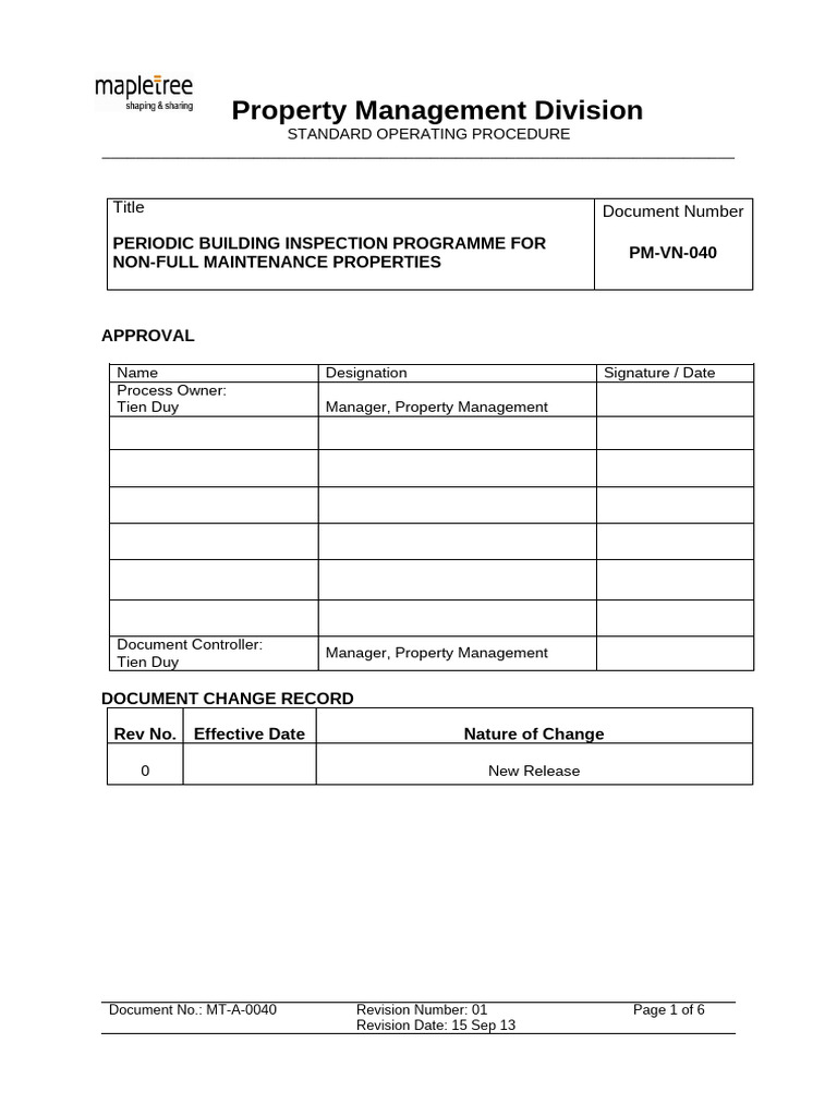 SOP - PMVN-0040 Periodic Building Inspection Programme Maintenance | PDF