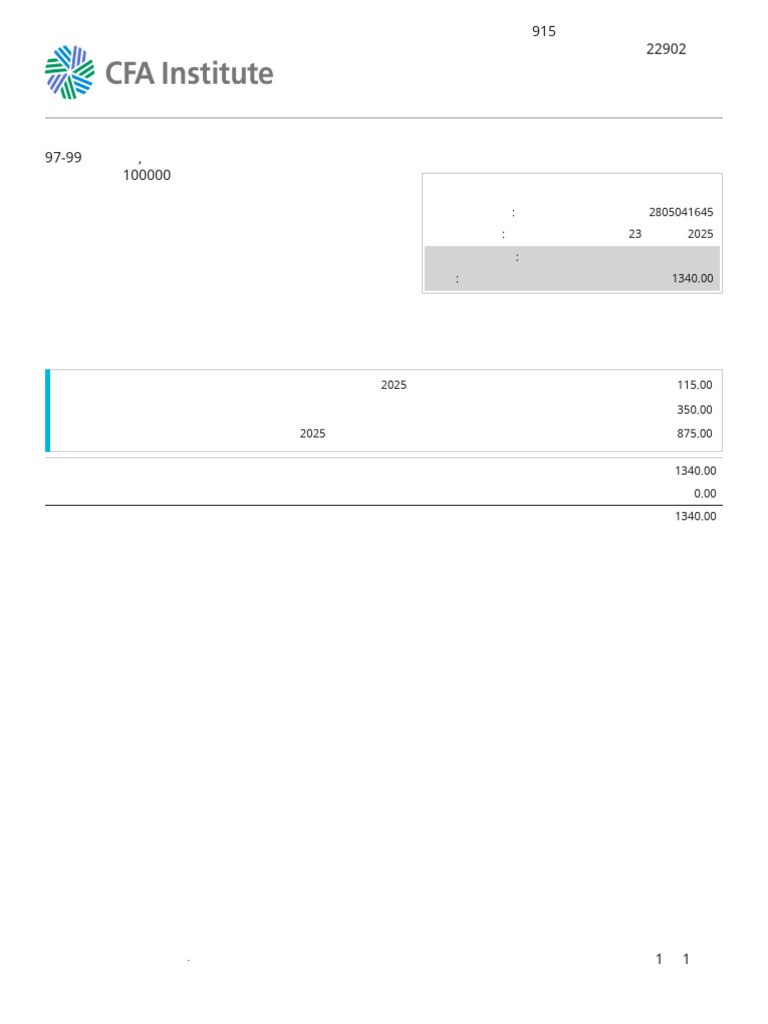 CFA Level I Payment Receipt 2025 | PDF