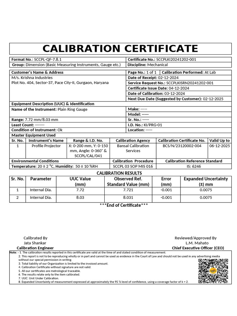 Plain Ring Gauge Calibration Certificate | PDF | Calibration | Physical ...