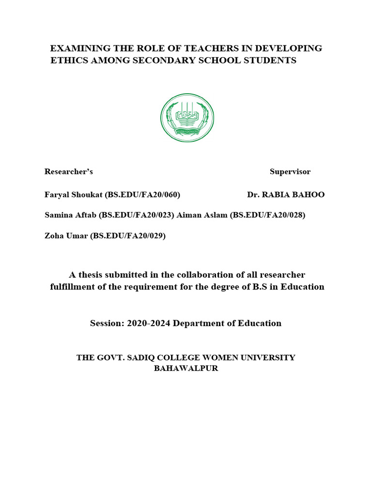EXAMINING THE ROLE OF TEACHERS IN DEVELOPING ETHICS AMONG SECONDARY ...