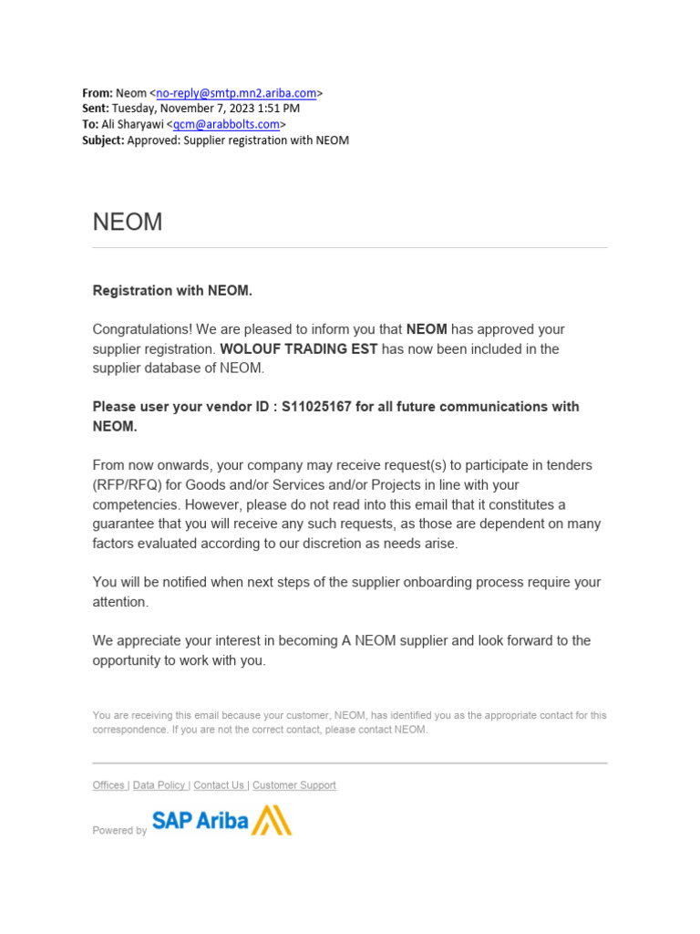 NEOM Supplier Registration Approved | PDF