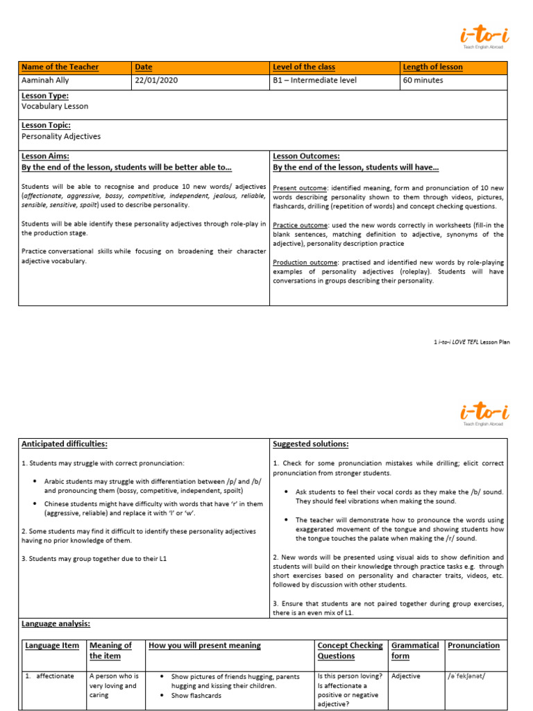 TEFL Lesson Plan: Personality Adjectives | PDF | Second Language ...