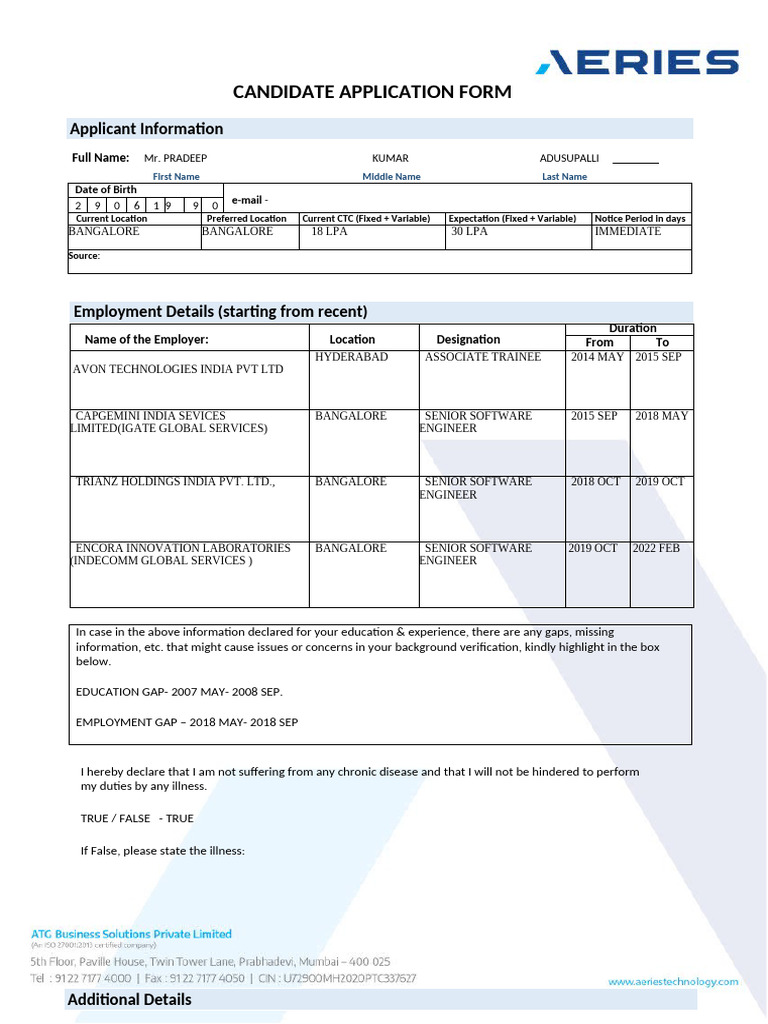 Candidate Application Form Details | PDF