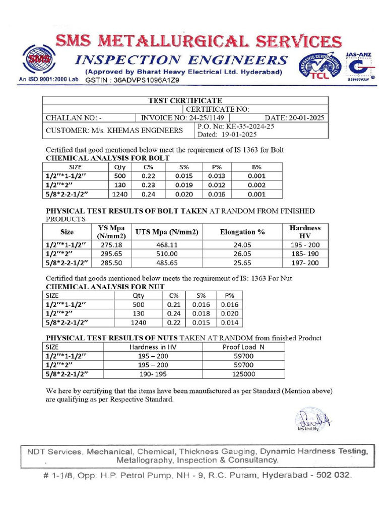 TEST CERTIFICATE For Nuts & Bolts SMS | PDF