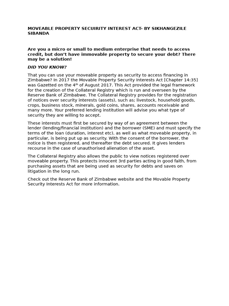 Accessing Credit via Moveable Property | PDF