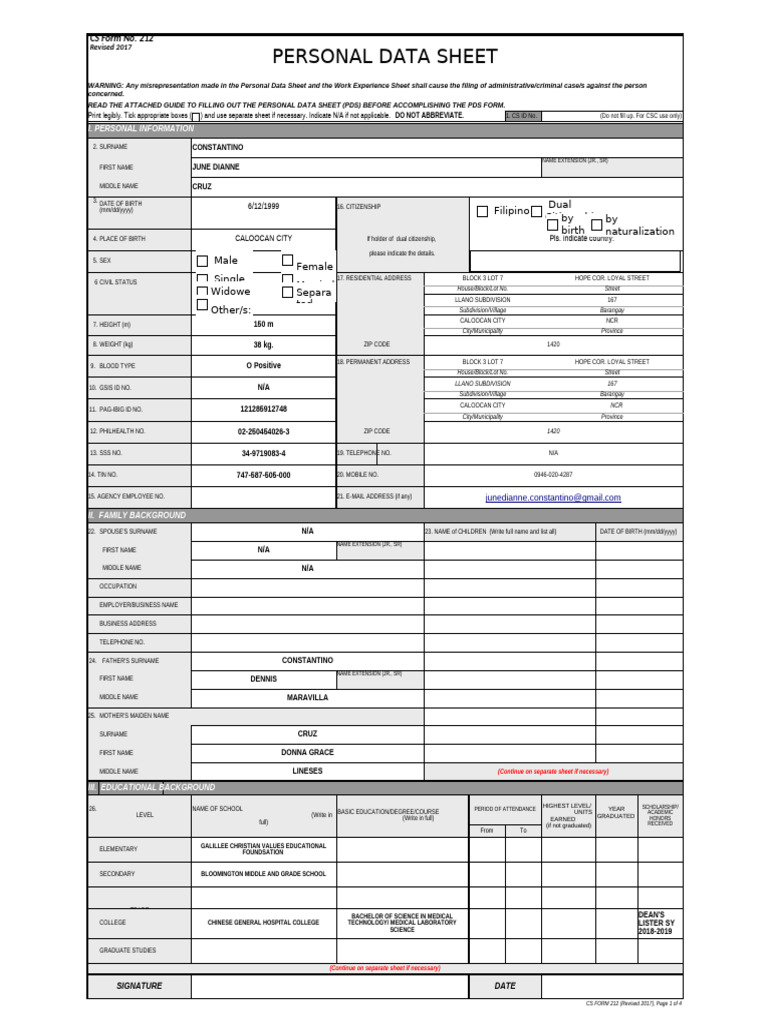 CS Form No. 212 Personal Data Sheet Revised | PDF | Government | Justice