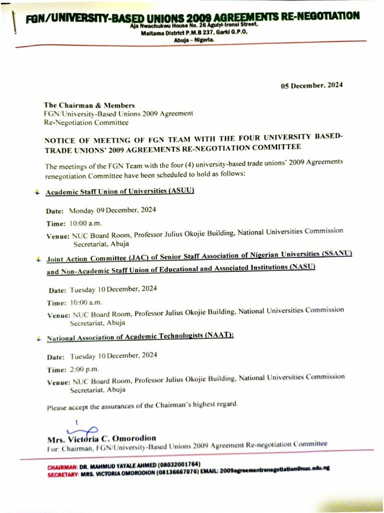 FGN Team Notice of Meeting With The 4 Unions On 9-10 Dec. 2024 | PDF