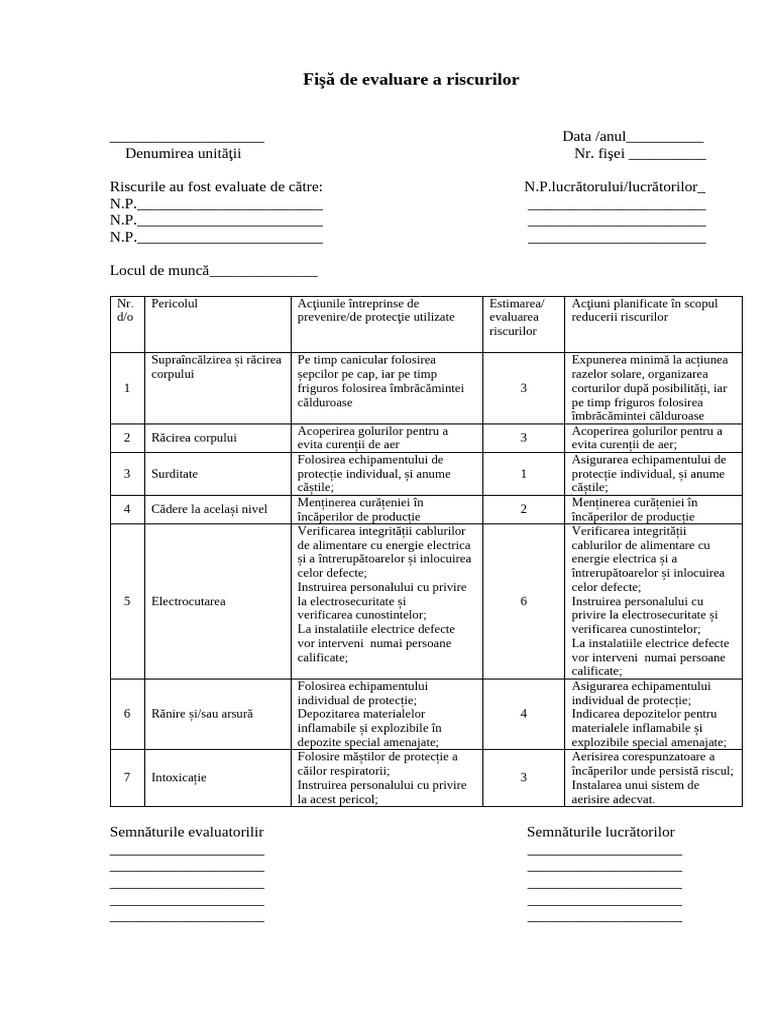 Fişă Evaluare A Riscurilor | PDF