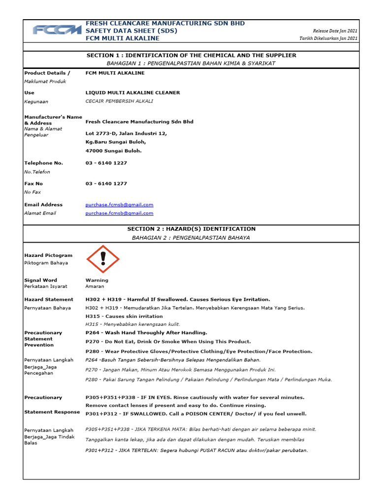 FCM Multi Alkaline Cleaner SDS Guide | PDF