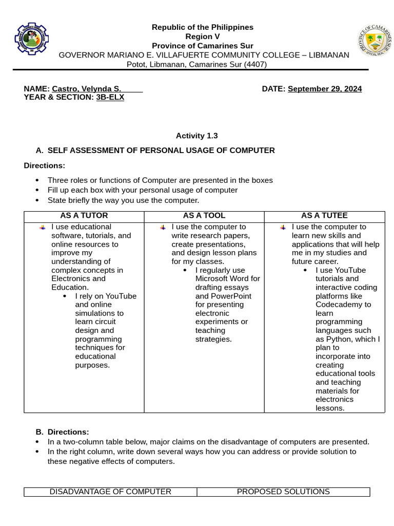 ACTIVITY 1.3 (ICT) | PDF | Learning | Computing