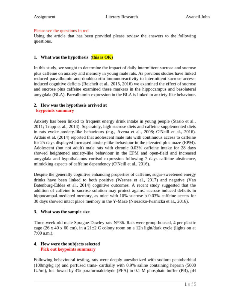 Literature Research Assign. WORKING | PDF | Caffeine | Amygdala