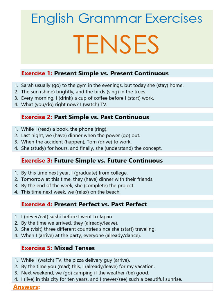 Tenses Practice Exercises with Answers | PDF | Grammar | Linguistics
