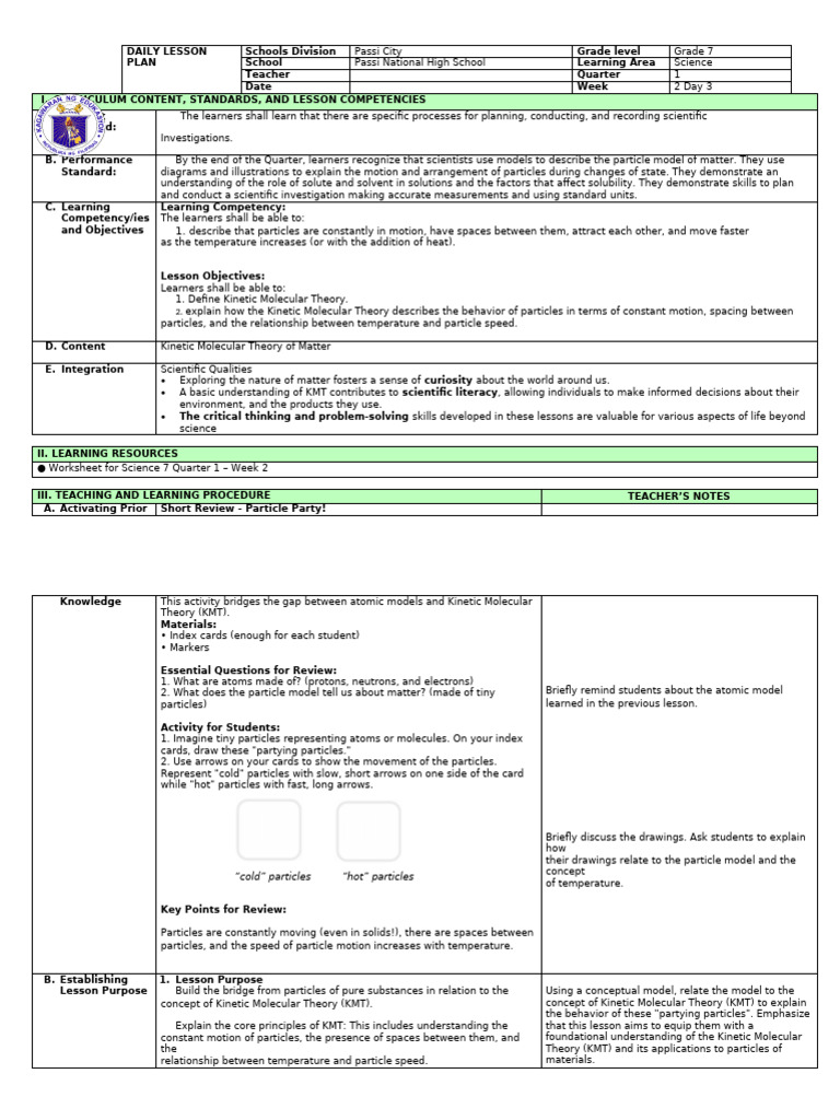 Grade 7 Science Lesson: Kinetic Molecular Theory | PDF | Gases | Molecules