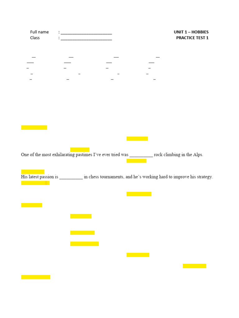 Hobbies Practice Test for Students | PDF | Hobbies