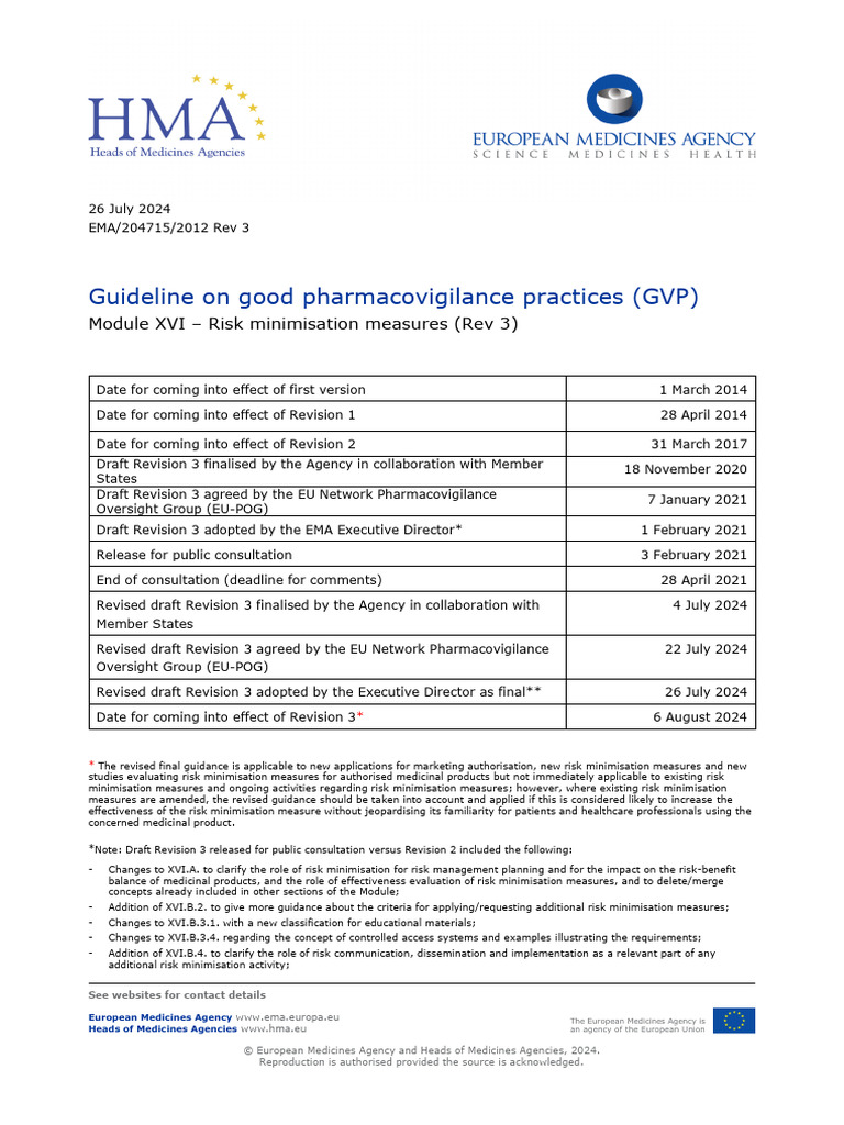 GVP Module XVI: Risk Minimisation Rev 3 | PDF | Pharmacovigilance | Risk