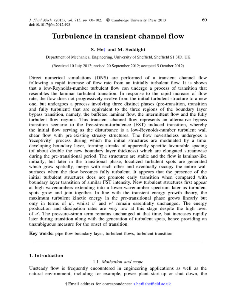 Turbulence in Transient Channel Flow | PDF | Turbulence | Fluid Dynamics