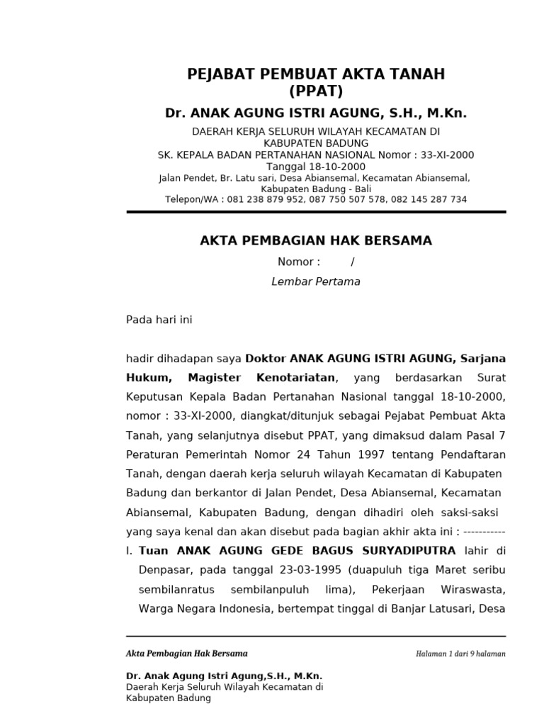 Akta Pembagian Hak Bersama PPAT Badung | PDF
