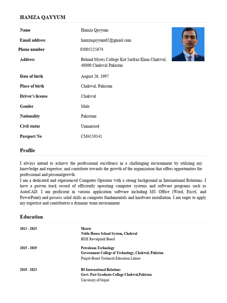 Hamza Qayyum: Computer Operator Resume | PDF | Pakistan