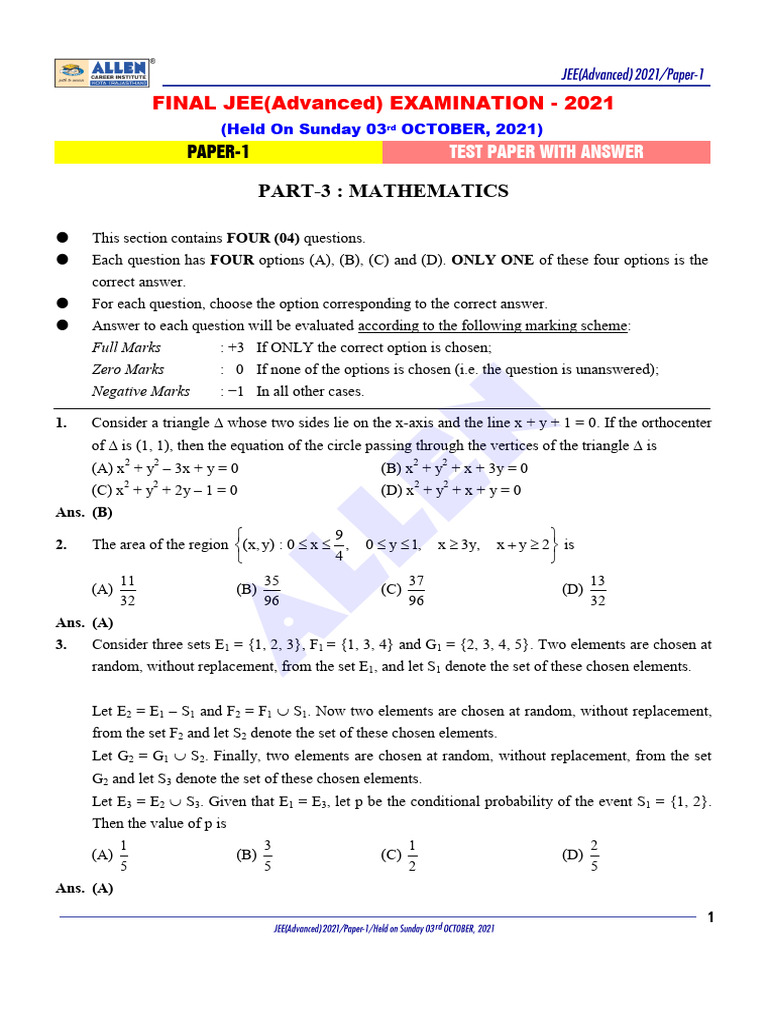 JEE Advanced 2021 Paper 1 Mathematics Solutions | PDF | Determinant
