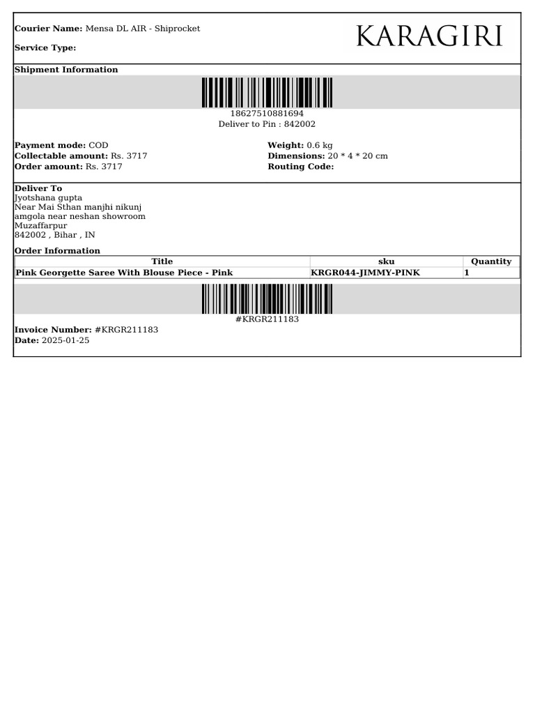 COD Saree Shipments via Mensa DL AIR | PDF