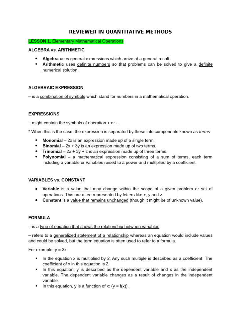 Reviewer in Quantitative Methods - Midterm | PDF | Variable ...