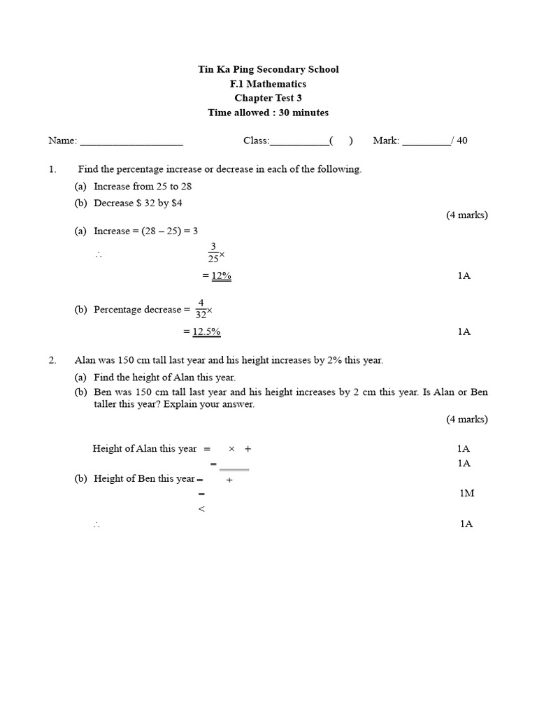 24-25 - Form 1 Math CT3 - Question and Answer | PDF | Length