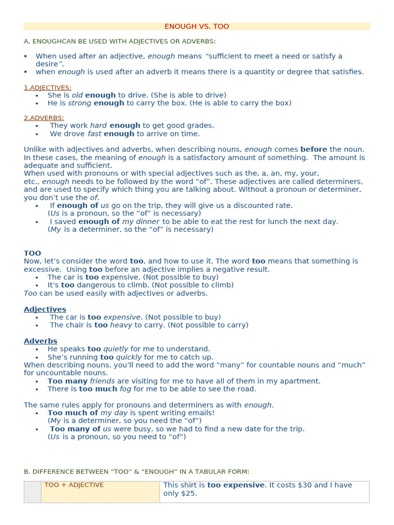 ENOUGH VS TOO | PDF | Adjective | Noun