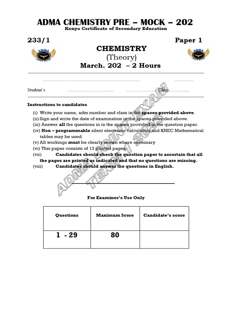 ADMA Chemistry Joint Exam 2024 Paper 1 | PDF | Acid | Chemical Reactions