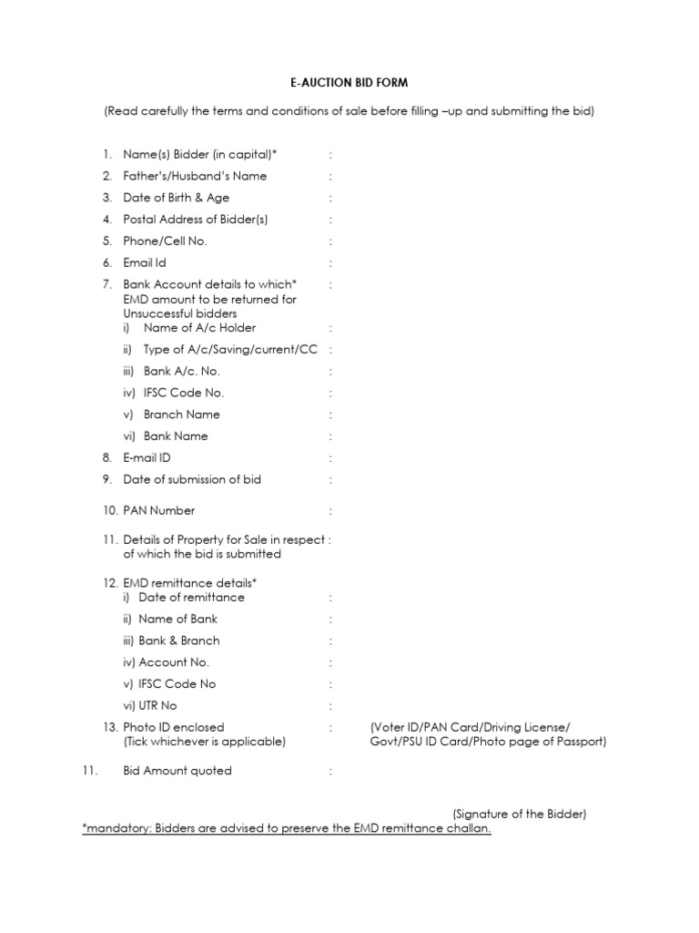 E-Auction Bid Form | PDF | Auction | Identity Document