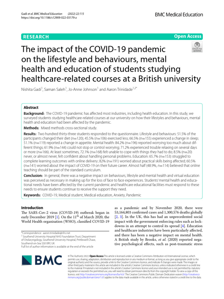 The Impact of The COVID 19 Pandemic On The Lifestyle and Behaviours ...