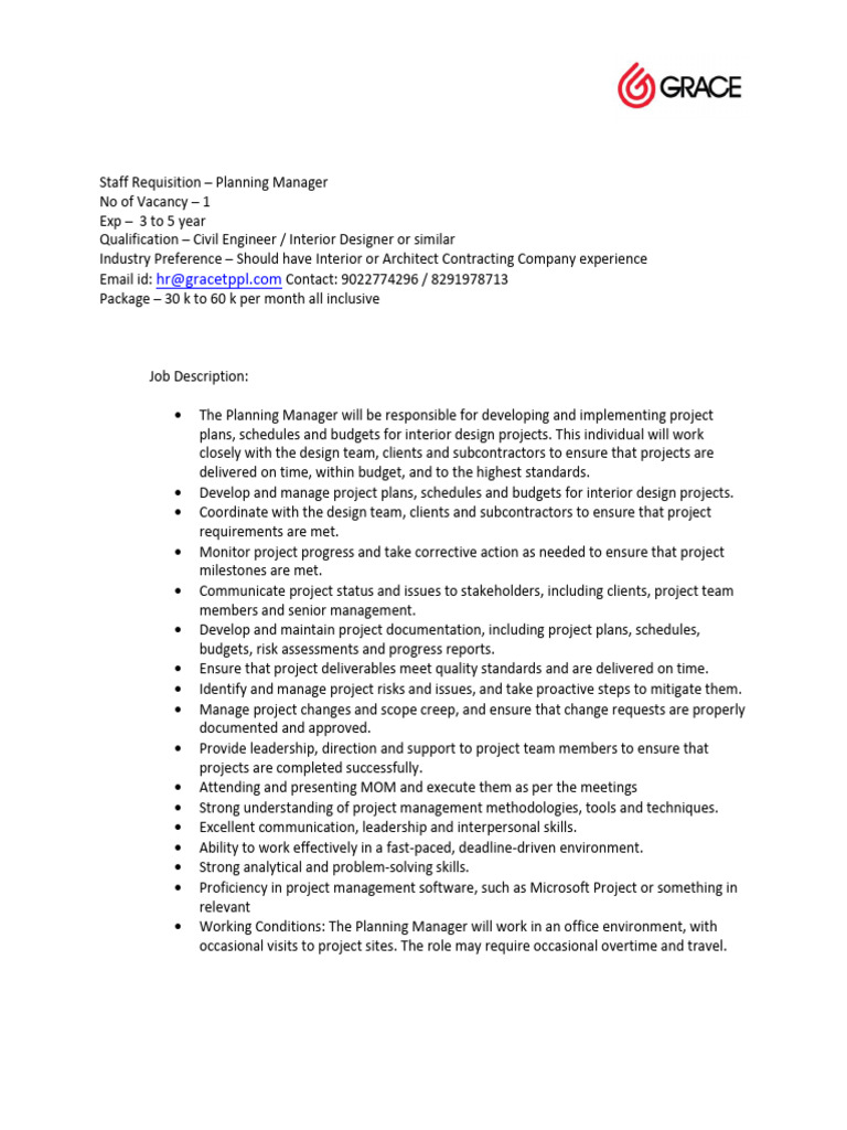 Planning Manager JD | PDF | Project Management | Business