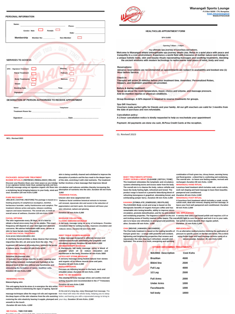 Wanangali Spa Appointment Form | PDF | Massage