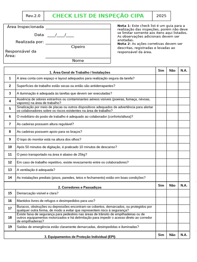 Check List Inspeção - 2025 - Rev 1.0 | PDF