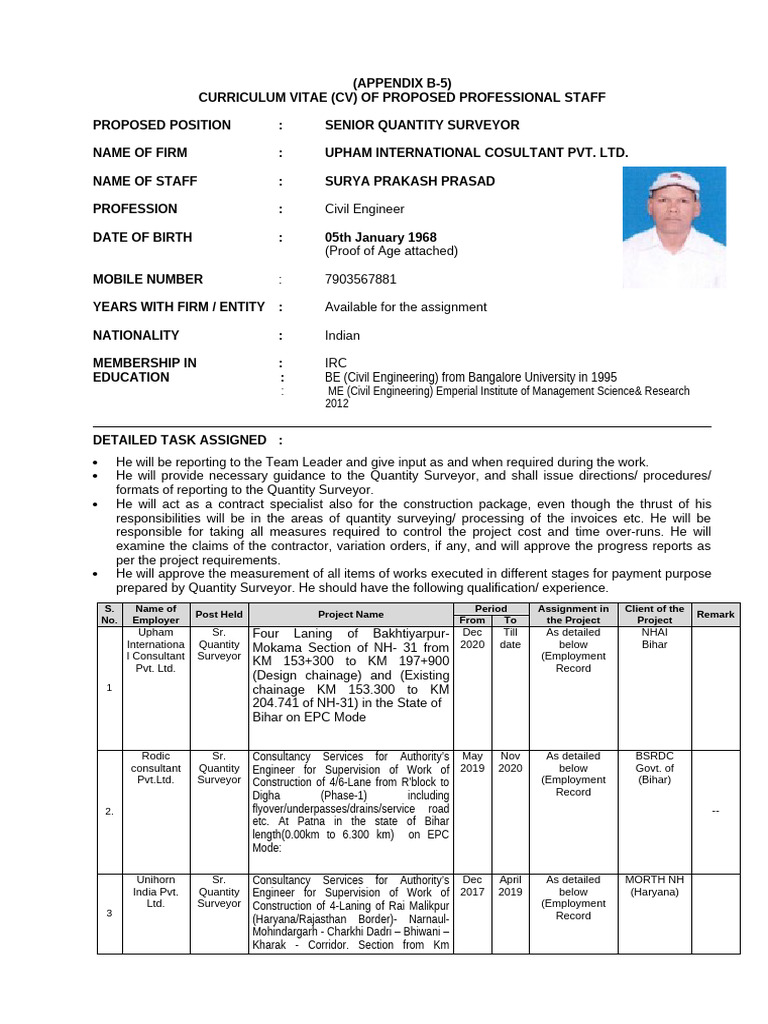 Senior Quantity Surveyor CV - Surya Prakash Prasad | PDF ...
