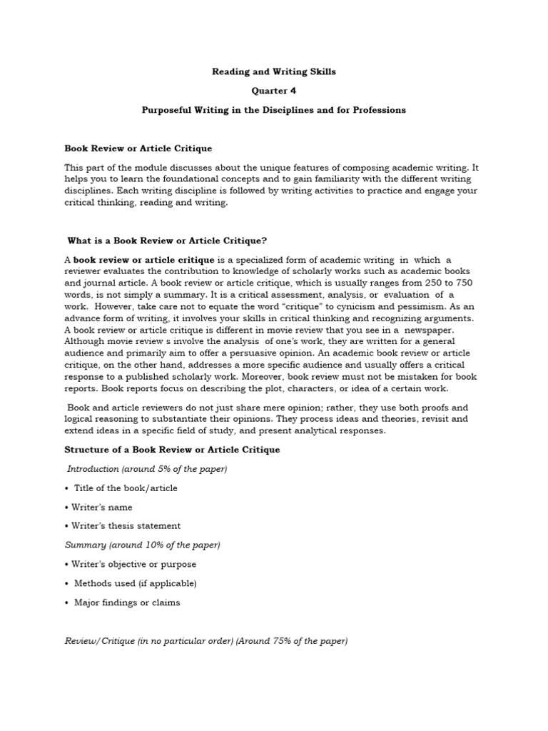 RWS Purposeful Writing in The Disciplines | PDF | Literature Review ...