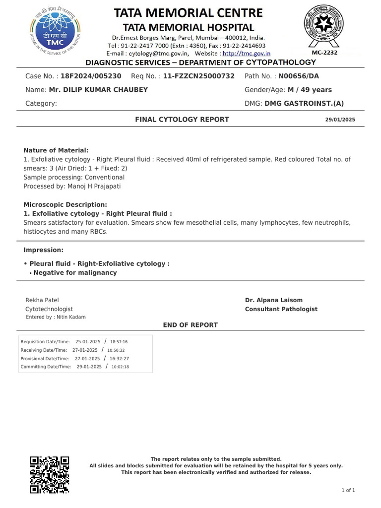Final Cytology Report: Negative for Malignancy | PDF