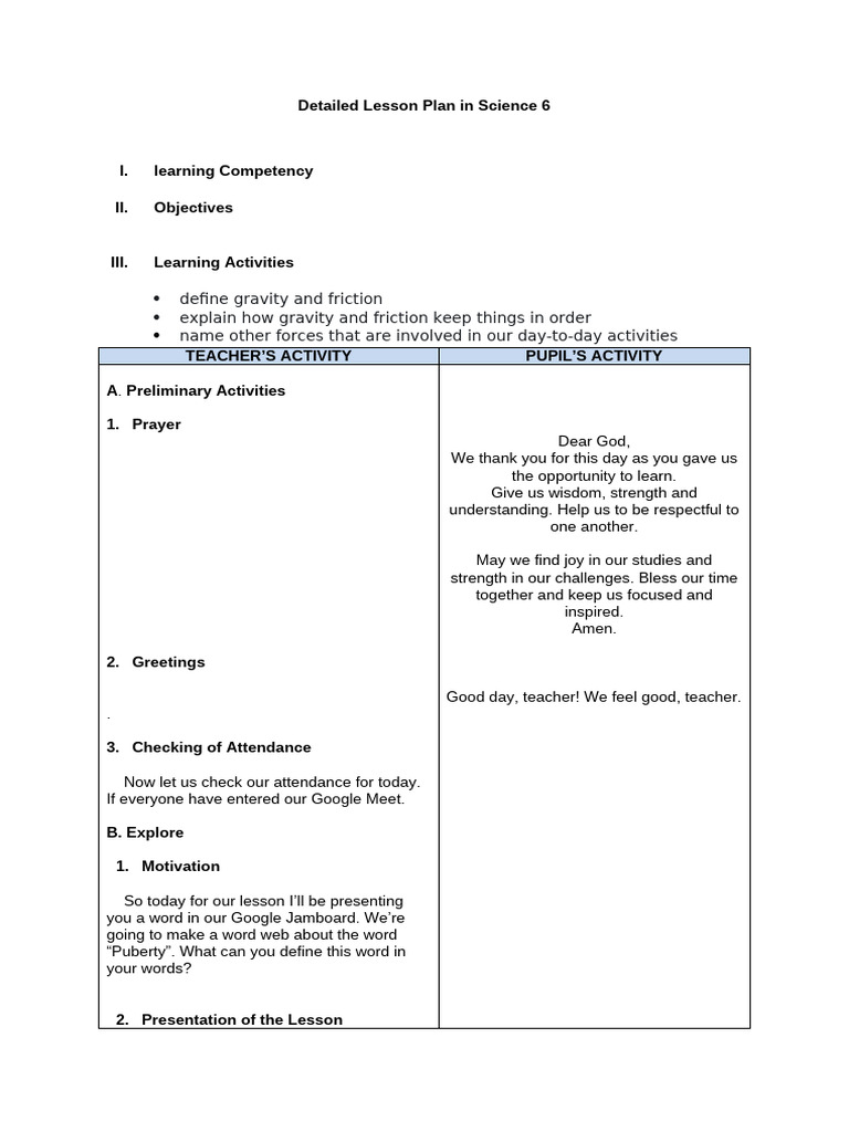 Science 6 Lesson Plan: Gravity & Friction | PDF
