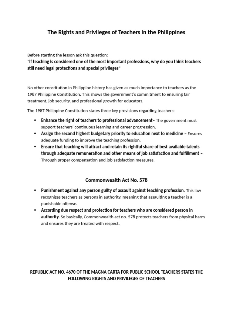 The Rights and Privileges of Teachers in The Philippines | PDF ...