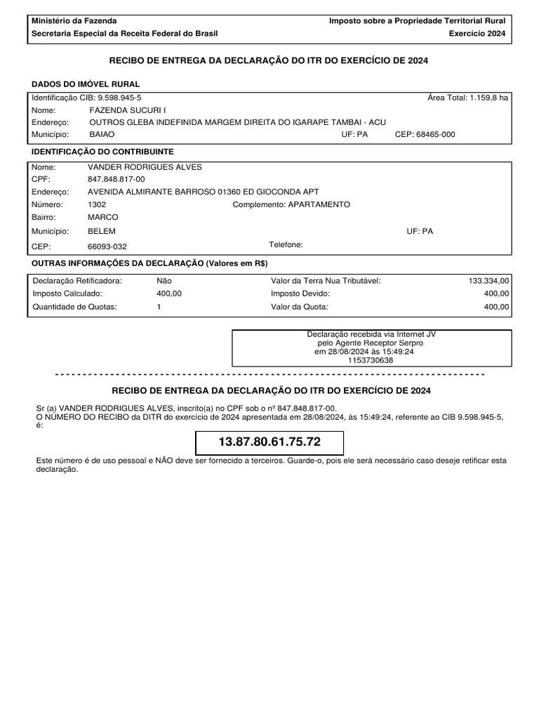 Recibo ITR 2024 - Fazenda Sucuri I | PDF | Impostos | Brasil