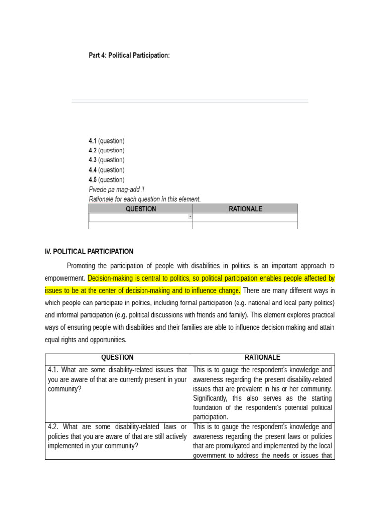 CBR PoliticalParticipationQuestions | PDF | Disability | Community