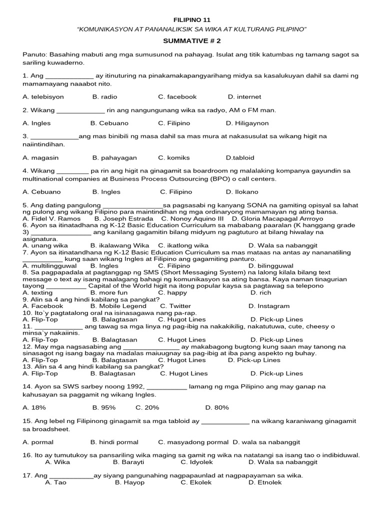 Filipino 11 Summative 2 Q2 | PDF