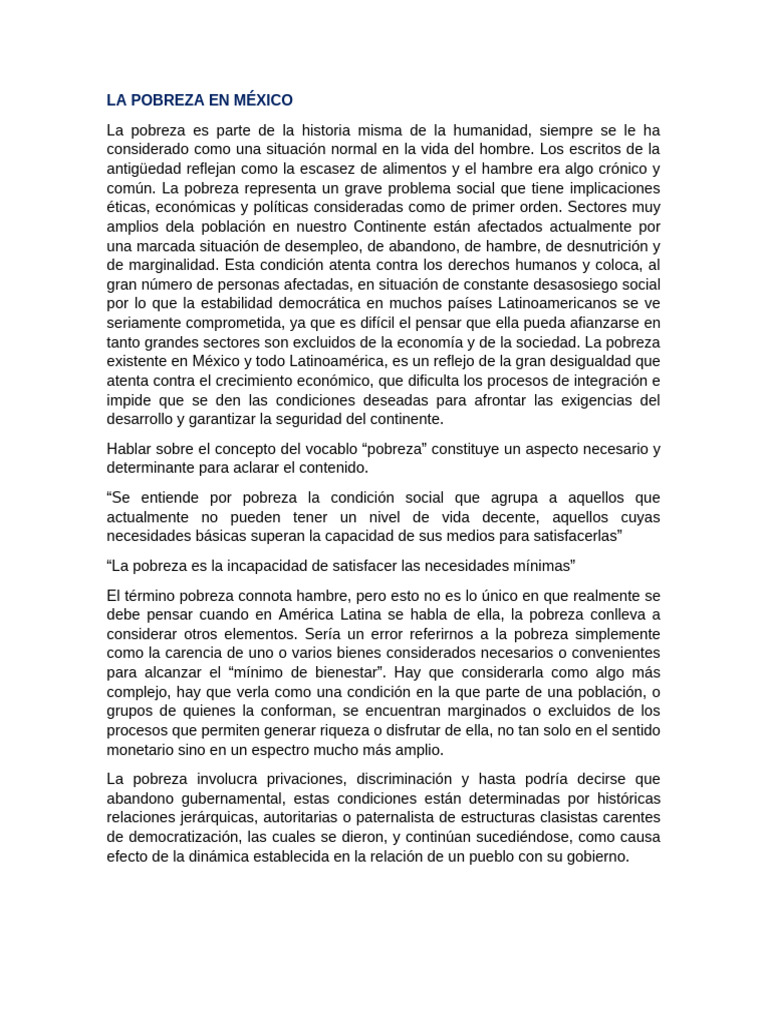 Pobreza en México: Causas y Situación Actual | PDF | Pobreza | Pobreza ...