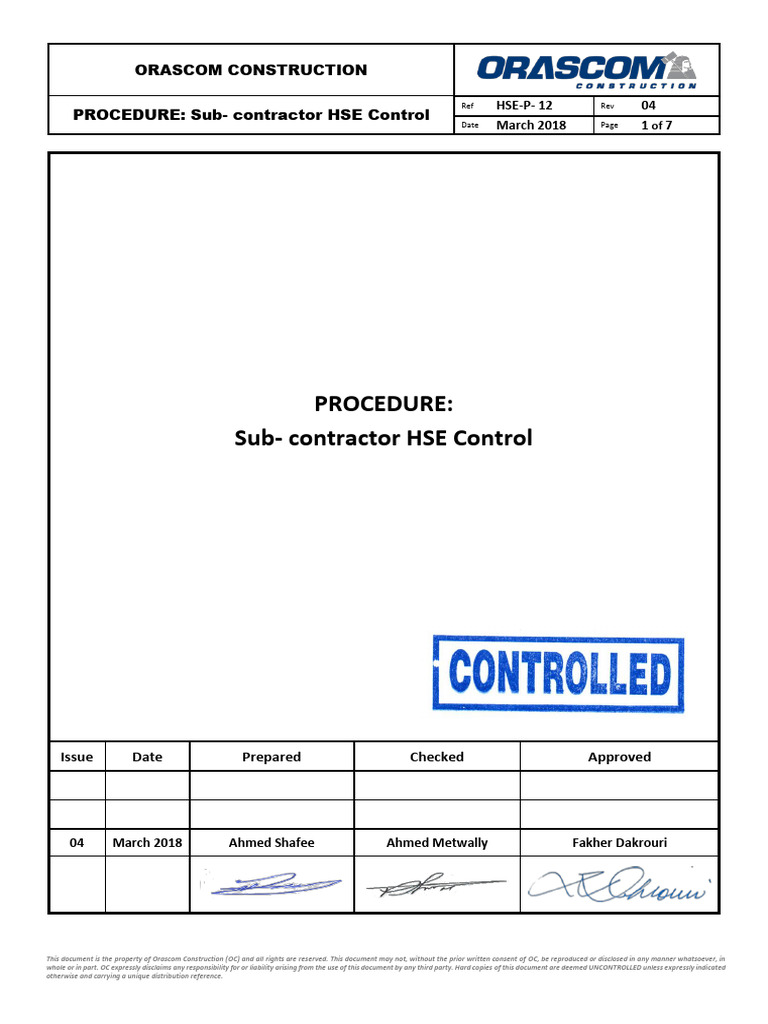 Subcontractor HSE Control Procedure | PDF | Subcontractor ...