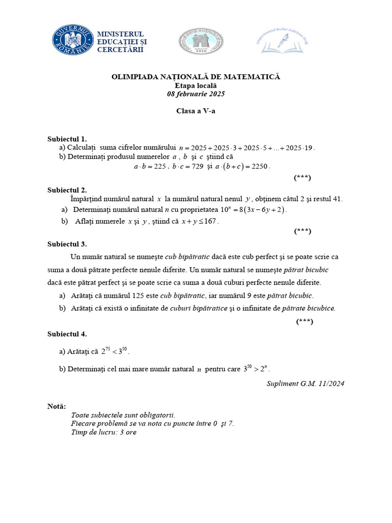 Subiecte Olimpiada Matematica - Faza Locala - 2025 | PDF
