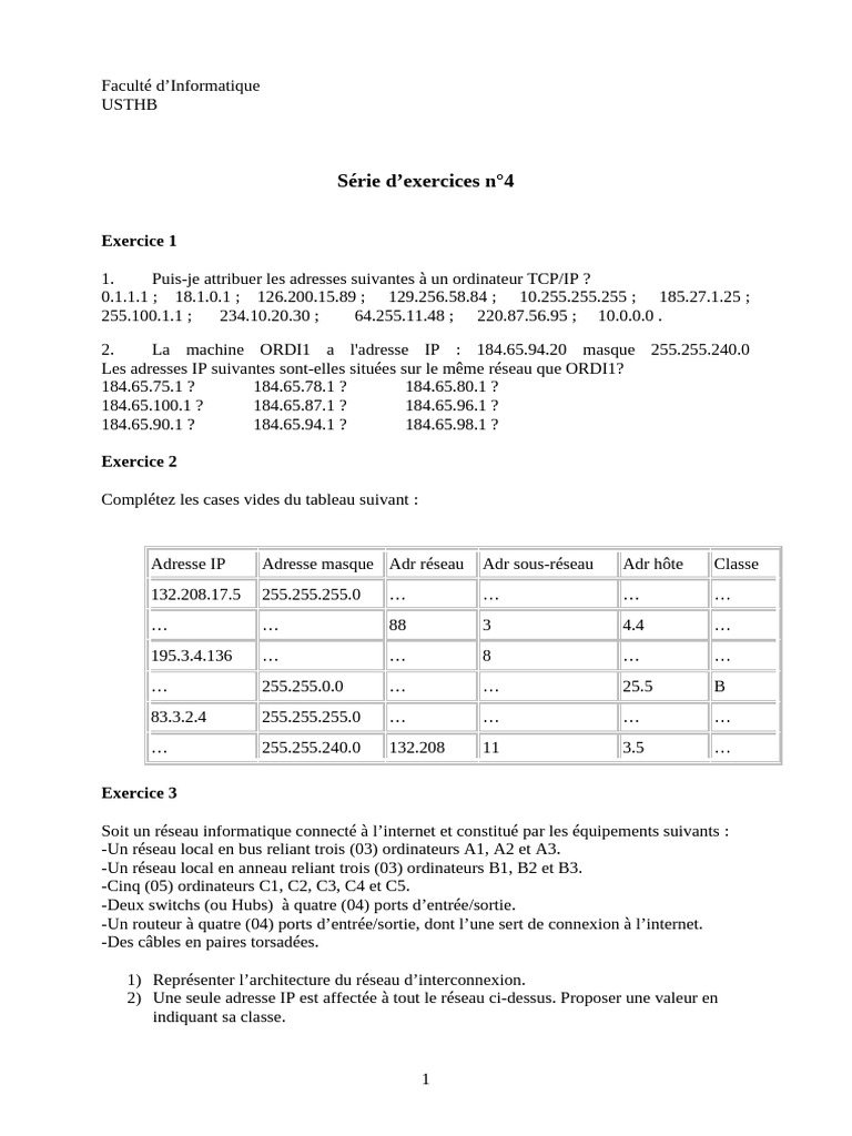 Exercices sur les réseaux TCP/IP et routage | PDF | Adresse IP | l'Internet